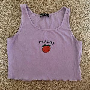 "Peachy" Graphic Lettuce Trim Ribbed Cropped Tank Top